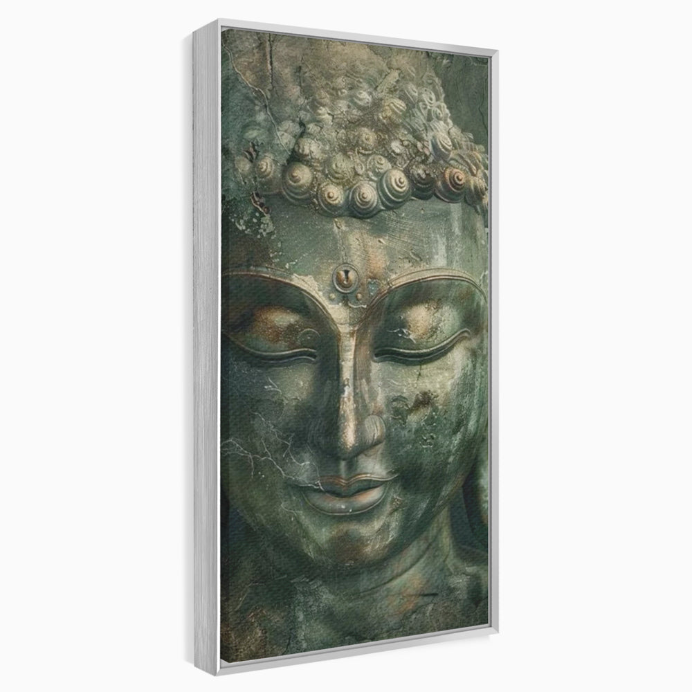 Tablou canvas cu tablou canvas cu portretul lui buddha, in rama de aluminiu argintiu